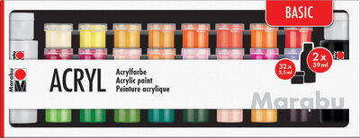 Marabu Acrylfarben-Set "BASIC", 32 x 3,5 ml / 2 x 59 ml