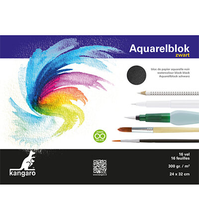 Aquarellblock Kï¿½nguru 32x24cm 300 Gramm 16 Blatt schwarz, 3 Seiten geklebt