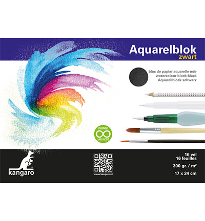 Aquarellblock Kï¿½nguru 24x17cm 300 Gramm 16 Blatt schwarz, 3-seitig geklebt